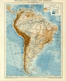 Physikalische Karte von Amerika II. Südamerika historische Landkarte Lithographie ca. 1906