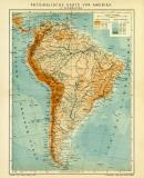 Physikalische Karte von Amerika II. Südamerika historische Landkarte Lithographie ca. 1908