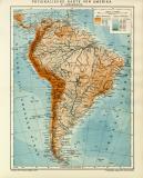 Physikalische Karte von Amerika II. Südamerika historische Landkarte Lithographie ca. 1910