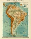 Physikalische Karte von Amerika II. Südamerika historische Landkarte Lithographie ca. 1912