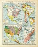 Geschichtliche Entwicklung der Staaten Amerikas historische Landkarte Lithographie ca. 1908