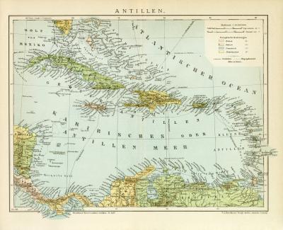 Farbige Lithographie aus 1891 zeigt eine Landkarte der Antillen im Maßstab 1 zu 10.000.000.