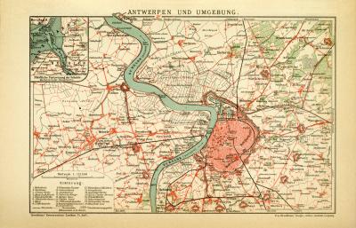 Antwerpen und Umgebung historischer Stadtplan Karte Lithographie ca. 1905