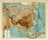 Physikalische Karte von Asien historische Landkarte Lithographie ca. 1908