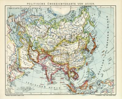 Politische Übersichtskarte von Asien historische Landkarte Lithographie ca. 1907