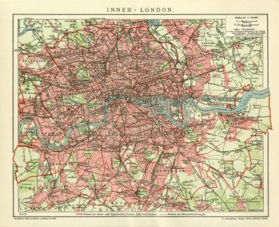 Inner - London historischer Stadtplan Karte Lithographie ca. 1912