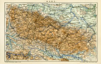 Harz historische Landkarte Lithographie ca. 1910