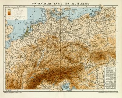 Physikalische Karte von Deutschland historische Landkarte Lithographie ca. 1905