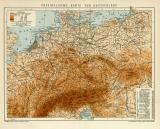 Physikalische Karte von Deutschland historische Landkarte Lithographie ca. 1912