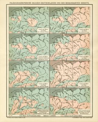 Paläogeographische Skizzen Deutschlands und der benachbarten Gebiete historische Bildtafel Lithographie ca. 1904
