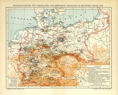 Volksheilstätten für Tuberkulöse und verwandte Anstalten im Deutschen Reiche historische Landkarte Lithographie ca. 1906