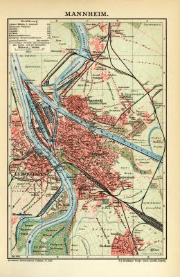 Mannheim historischer Stadtplan Karte Lithographie ca. 1909