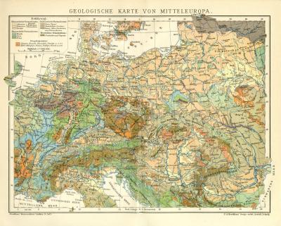 Geologische Karte von Mitteleuropa historische Landkarte Lithographie ca. 1911