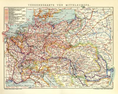 Verkehrskarte von Mitteleuropa historische Landkarte Lithographie ca. 1912