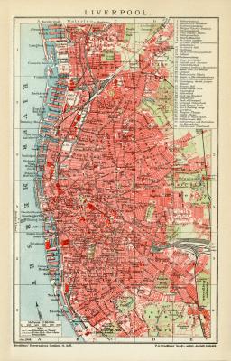 Liverpool historischer Stadtplan Karte Lithographie ca. 1909