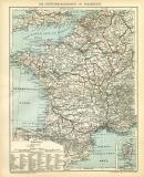 Die Schiffahrtsstrassen von Frankreich und den angrenzenden Gebieten historische Landkarte Lithographie ca. 1905