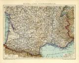Mittel- und Südfrankreich historische Landkarte Lithographie ca. 1909