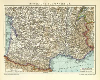 Mittel- und Südfrankreich historische Landkarte Lithographie ca. 1911