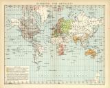 Einheits- und Ortszeit historische Landkarte Lithographie ca. 1904