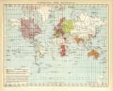 Einheits- und Ortszeit historische Landkarte Lithographie ca. 1907
