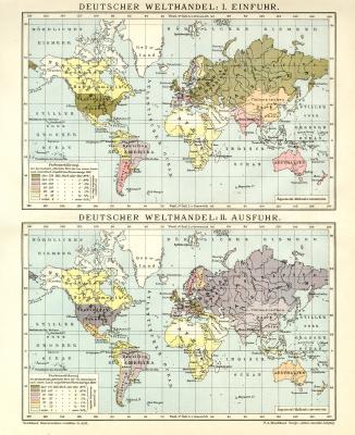 Der Deutsche Welthandel I. Einfuhr II. Ausfuhr historische Landkarte Lithographie ca. 1899