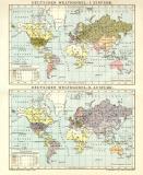 Der Deutsche Welthandel I. Einfuhr II. Ausfuhr historische Landkarte Lithographie ca. 1899