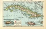 Cuba Jamaika und Portoriko historische Landkarte Lithographie ca. 1907