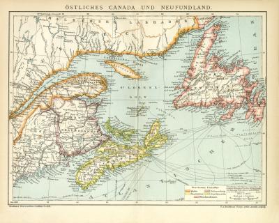 Östliches Canada und Neufundland historische Landkarte Lithographie ca. 1905