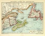 Östliches Canada und Neufundland historische Landkarte Lithographie ca. 1909