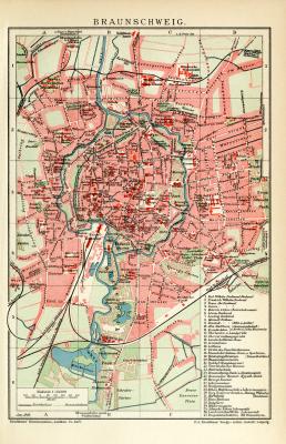 Braunschweig historischer Stadtplan Karte Lithographie ca. 1909
