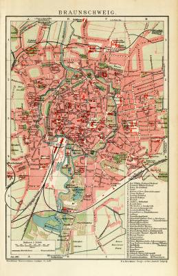 Braunschweig historischer Stadtplan Karte Lithographie ca. 1911