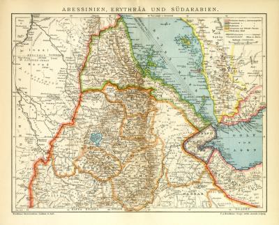 Abessinien Erythräa und Südarabien historische Landkarte Lithographie ca. 1907