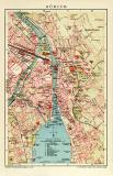Zürich historischer Stadtplan Karte Lithographie ca. 1909