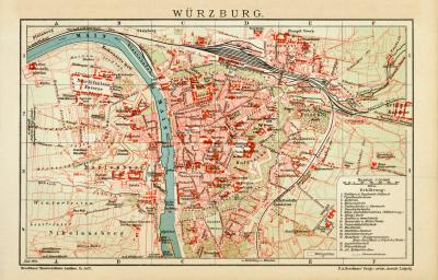 Würzburg historischer Stadtplan Karte Lithographie ca. 1903