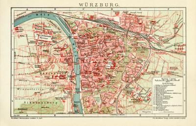 Würzburg historischer Stadtplan Karte Lithographie ca. 1910