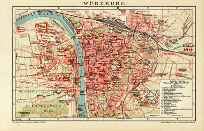 Würzburg historischer Stadtplan Karte Lithographie ca. 1911