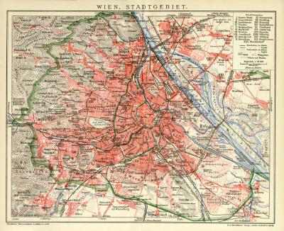 Wien Stadtgebiet historischer Stadtplan Karte Lithographie ca. 1912