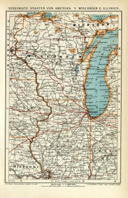 Vereinigte Staaten von Amerika V. Wisconsin und Illinois historische Landkarte Lithographie ca. 1907