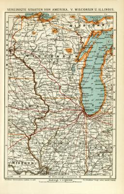 Vereinigte Staaten von Amerika V. Wisconsin und Illinois historische Landkarte Lithographie ca. 1909