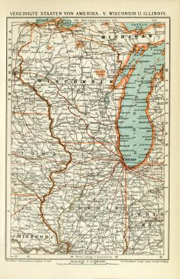 Vereinigte Staaten von Amerika V. Wisconsin und Illinois historische Landkarte Lithographie ca. 1911