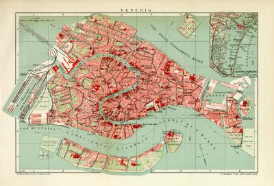 Venedig historischer Stadtplan Karte Lithographie ca. 1909