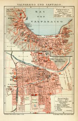 Valparaiso und Santiago historischer Stadtplan Karte Lithographie ca. 1902