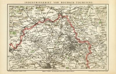 Industriegebiet Roubaix Tourcoing historische Landkarte Lithographie ca. 1904