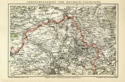 Industriegebiet Roubaix Tourcoing historische Landkarte Lithographie ca. 1910