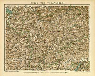 Tirol und Voralberg historische Landkarte Lithographie ca. 1904