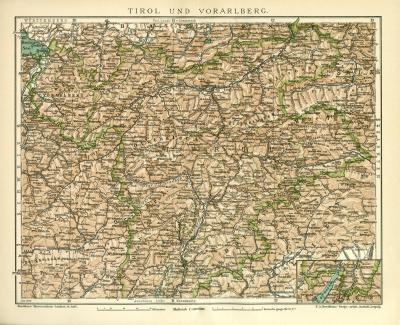 Tirol und Voralberg historische Landkarte Lithographie ca. 1909