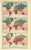 Temperaturverteilung Weltkarte historische Landkarte Lithographie ca. 1909