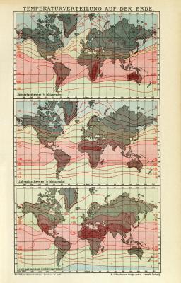 Temperaturverteilung Weltkarte historische Landkarte Lithographie ca. 1910