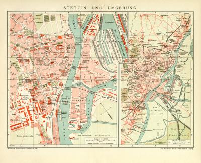Stettin und Umgebung historischer Stadtplan Karte Lithographie ca. 1903