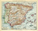 Spanien und Portugal historische Landkarte Lithographie ca. 1907
